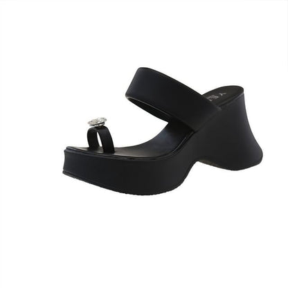 Wedge Toe Loop Sandals Platform Heel Rhinestone Slide