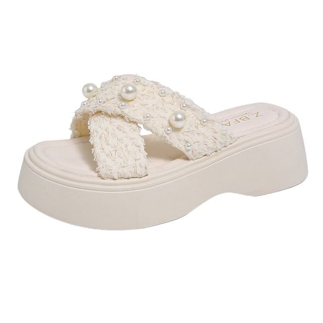 Criss Slide Platform Sandals Pearl Cross Faux