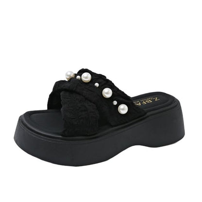 Slide Faux Platform Criss Sandals Cross Pearl
