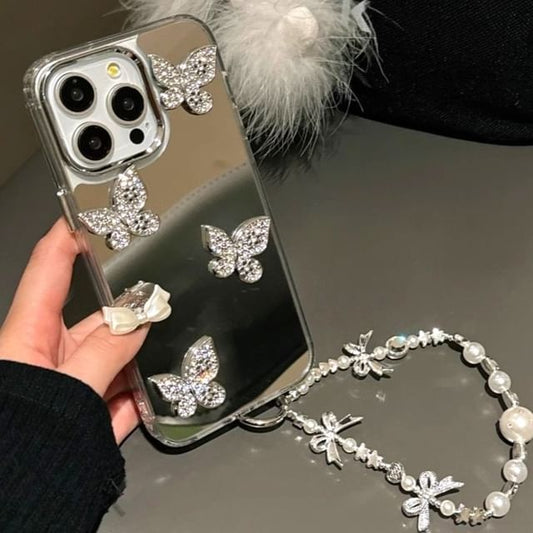 Mirrored Phone Case with Butterfly Adhesive Decoration / Strap / Set