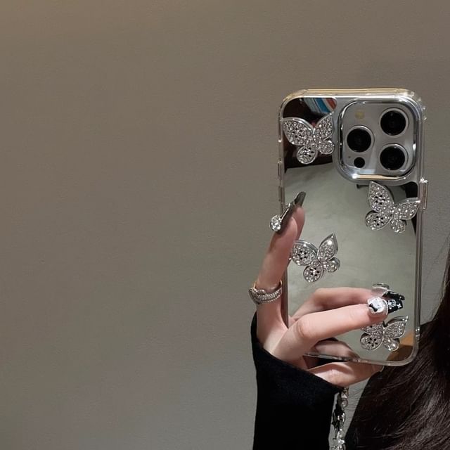 Mirrored Phone Case with Butterfly Adhesive Decoration / Strap / Set