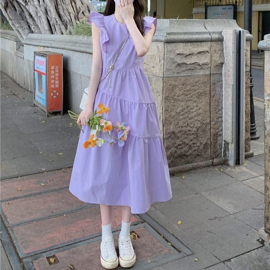 A-Line Trim Dress Midi Tiered Cap-Sleeve Neck Ruffle Round Plain