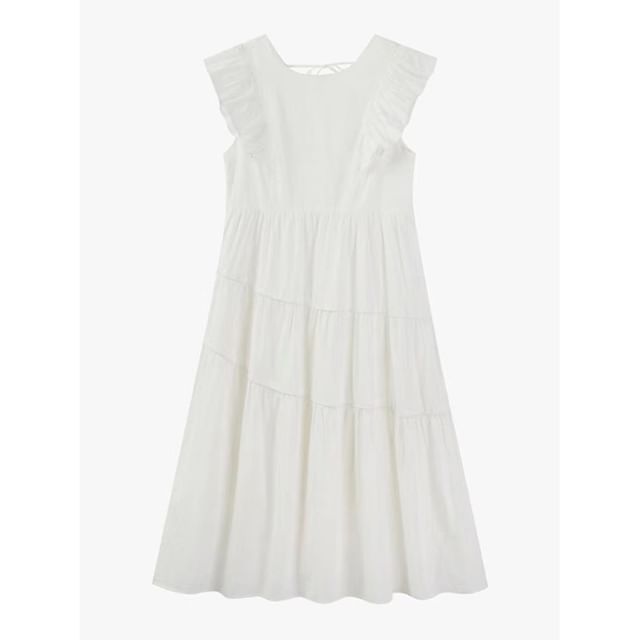 A-Line Trim Dress Midi Tiered Cap-Sleeve Neck Ruffle Round Plain