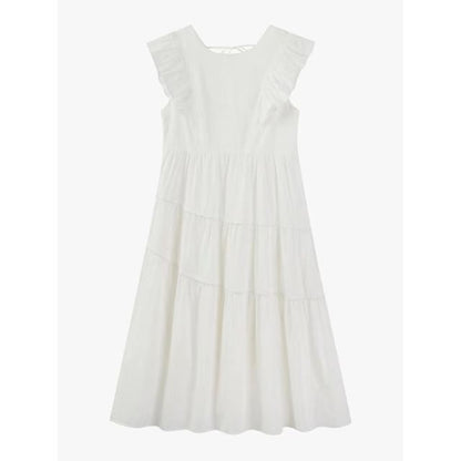 A-Line Trim Dress Midi Tiered Cap-Sleeve Neck Ruffle Round Plain