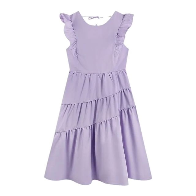 A-Line Trim Dress Midi Tiered Cap-Sleeve Neck Ruffle Round Plain