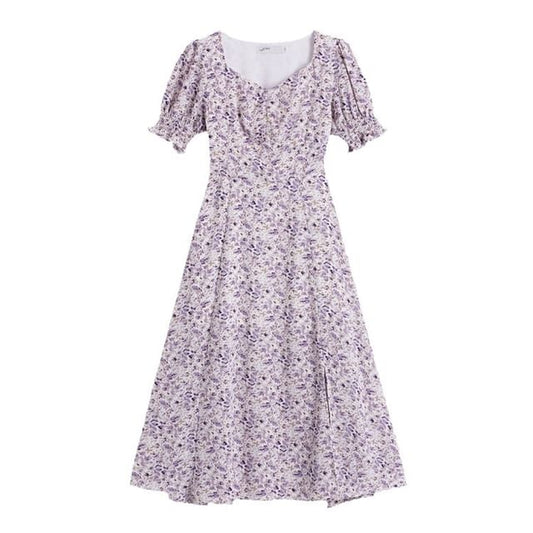 A-Line Floral Dress Midi Puff-Sleeve Slit