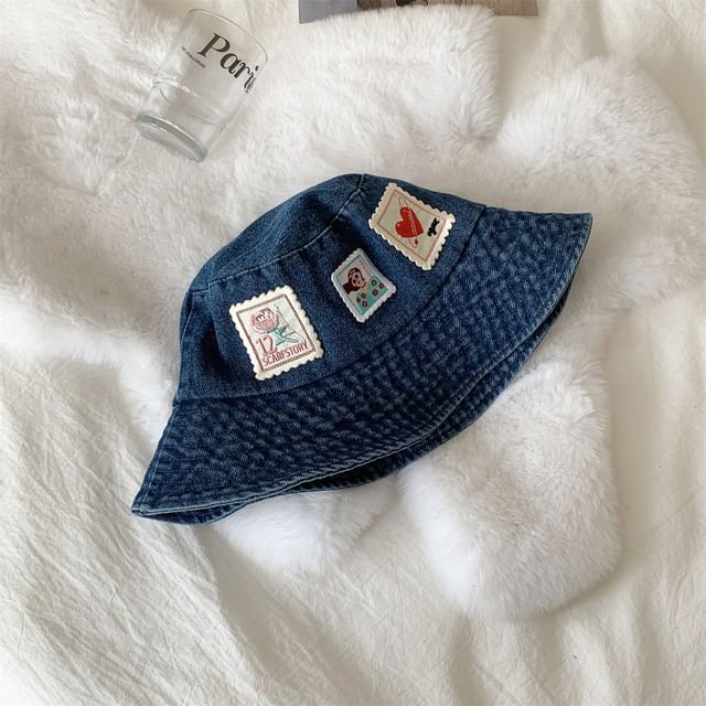 Applique Washed Denim Bucket Hat