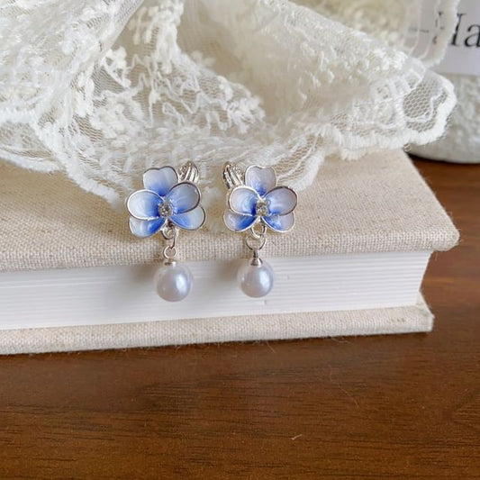 On Earring Drop / Clip Pearl Faux Flower