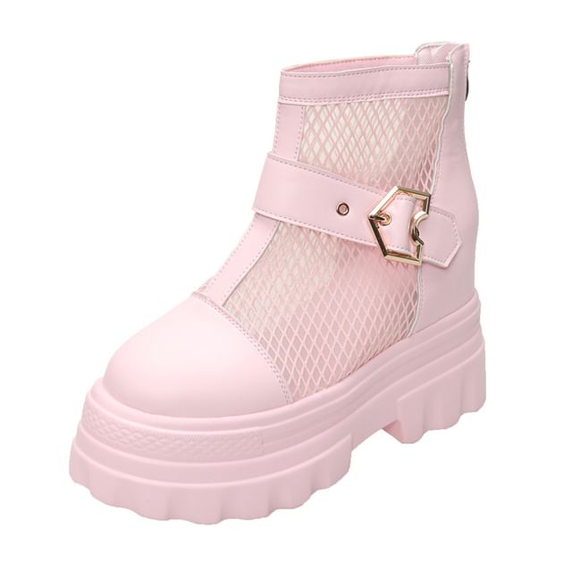 Buckled Mesh Panel Platform Chunky Heel Short Boots