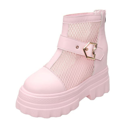 Buckled Mesh Panel Platform Chunky Heel Short Boots