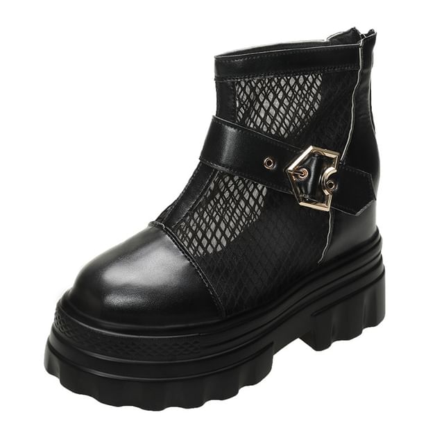 Buckled Mesh Panel Platform Chunky Heel Short Boots