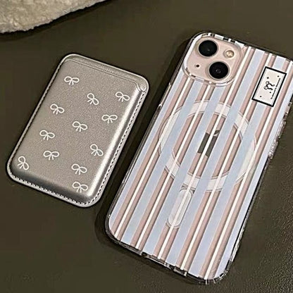 Striped Magsafe Compatible iPhone Case / Bow Print Card Case / Set