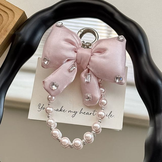 Rhinestone Pearl Pad Faux Bow Lanyard Phone with Charm