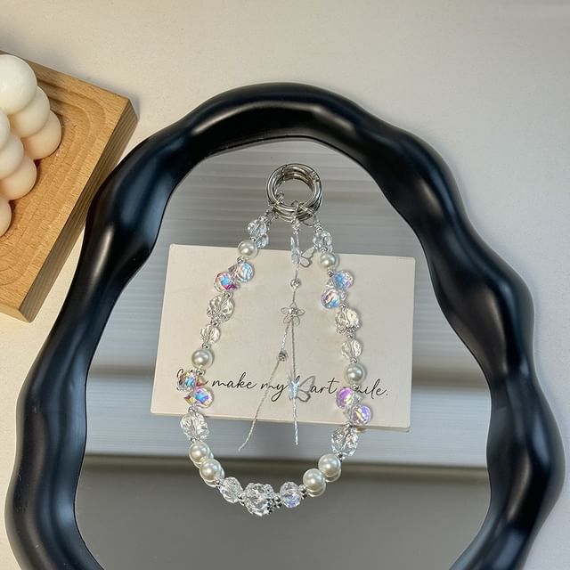 with Wrist Butterfly Lanyard Strap Pad Faux Phone Pearl