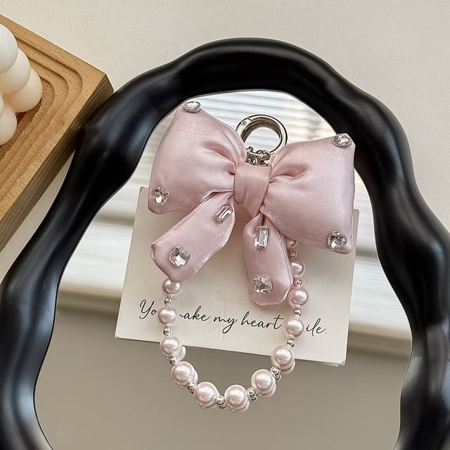 Rhinestone Pearl Pad Faux Bow Lanyard Phone with Charm