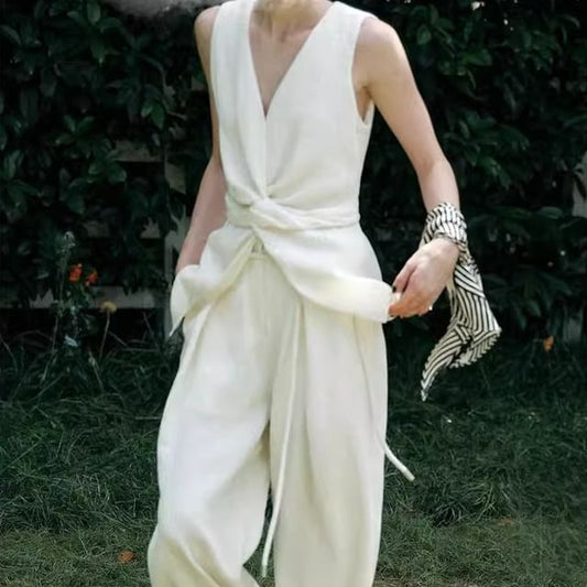 Rise / Slit Tank Top Leg Knot High V-Neck Pants Plain Wide