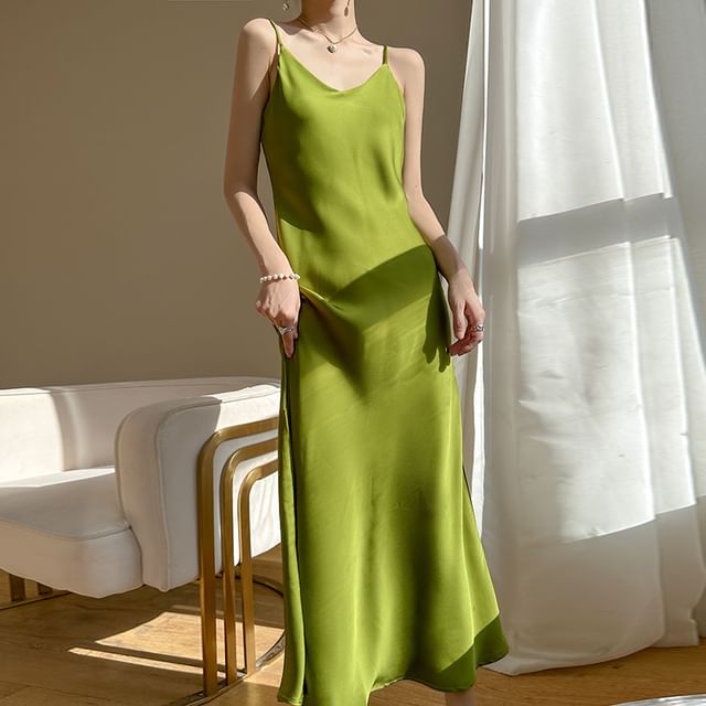 Spaghetti Strap V-Neck Plain Satin Midi A-Line Dress
