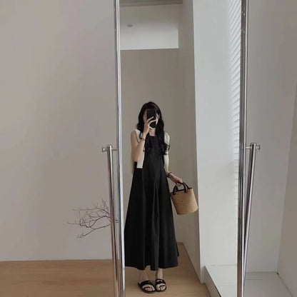 Pleated Midi Plain A-Line Dress Sleeveless Neck Crew