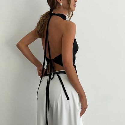 Halter Mock Neck Plain Asymmetrical Open Back Slim Fit Crop Top