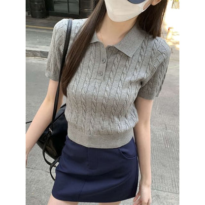 Wholesale Sample Short-Sleeve Plain Cable Knit Crop Polo Shirt