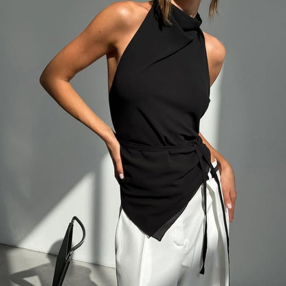 Halter Mock Neck Plain Asymmetrical Open Back Slim Fit Crop Top