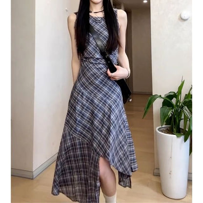 Neck Dress Plaid Sleeveless Maxi Asymmetrical A-Line Round