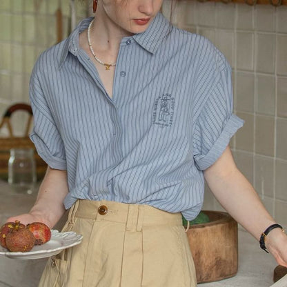Collared Striped Embroidered Button-Up Blouse Elbow-Sleeve