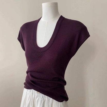 Wholesale Sample Cap-Sleeve Scoop Neck Plain Slim Fit Knit Top