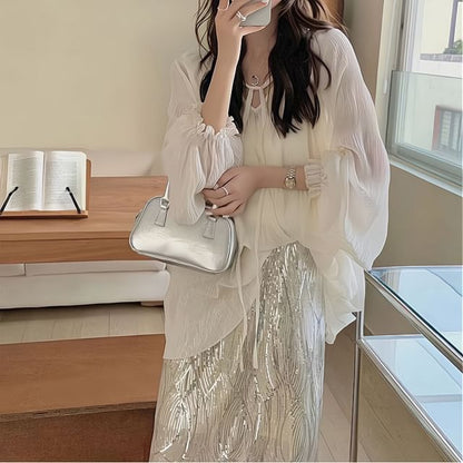 Skirt Plain Sheer Front Blouse H-Line Midi Long-Sleeve High Tie Set Cami V-Neck / Sequin Rise Top