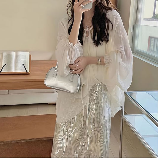 Skirt Plain Sheer Front Blouse H-Line Midi Long-Sleeve High Tie Set Cami V-Neck / Sequin Rise Top