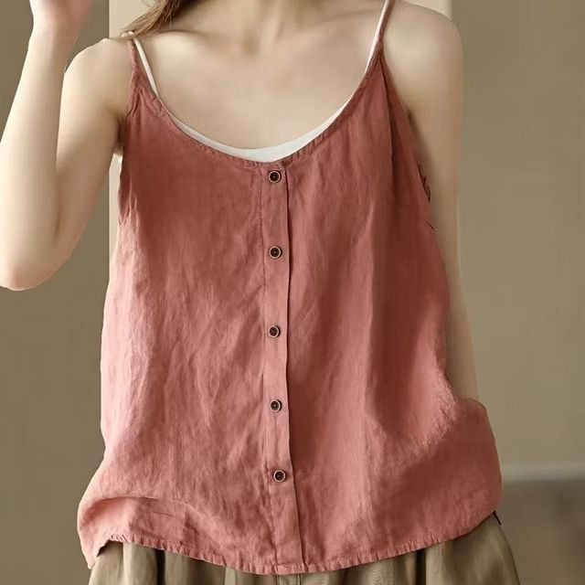 Neck Buttoned Top Camisole Scoop Plain