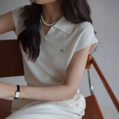 Collared Top Plain Cap-Sleeve V-Neck Crop Knit