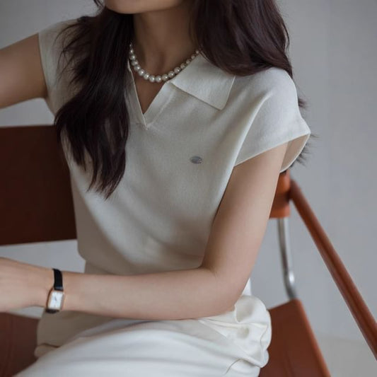 Collared Top Plain Cap-Sleeve V-Neck Crop Knit