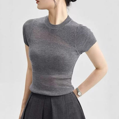 Top Plain Panel Neck Sheer Round Cap-Sleeve Knit