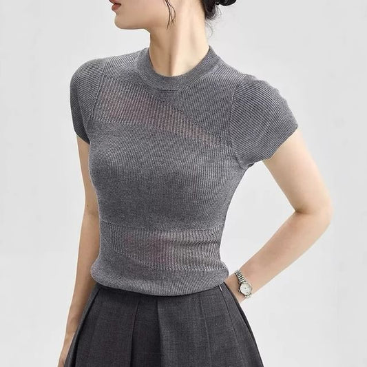 Top Plain Panel Neck Sheer Round Cap-Sleeve Knit