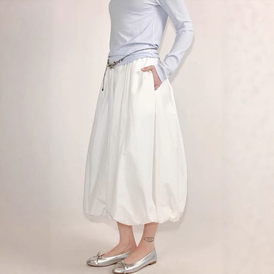 Plain Elastic Midi Skirt Paperbag Waist