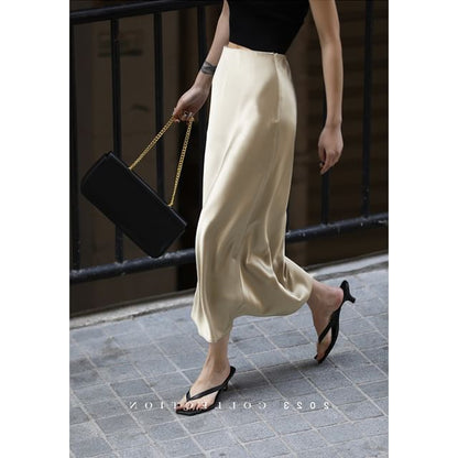 Plain Pencil Midi Satin Rise Slit Skirt High