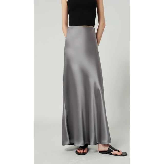 Maxi Plain A-Line Satin High Waist Skirt