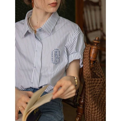 Collared Striped Embroidered Button-Up Blouse Elbow-Sleeve