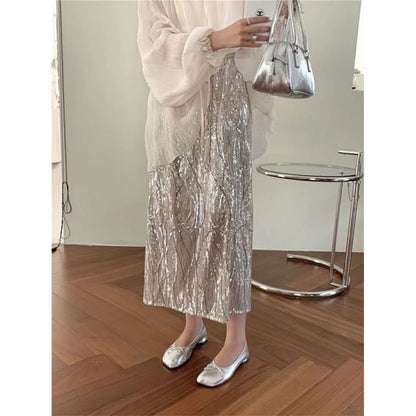 Skirt Plain Sheer Front Blouse H-Line Midi Long-Sleeve High Tie Set Cami V-Neck / Sequin Rise Top