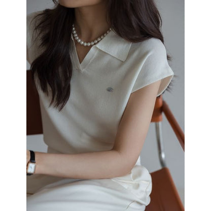Collared Top Plain Cap-Sleeve V-Neck Crop Knit
