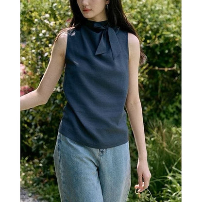Sleeveless Mock Neck Plain Blouse
