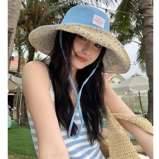 Print Hat Floral Sun Applique Heart