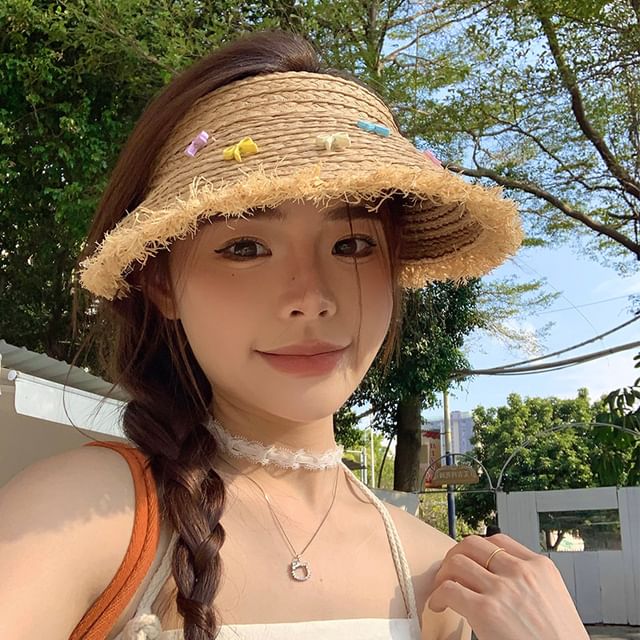 Bow Fringed Straw Sun Hat