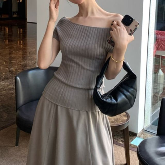 Wholesale Sample Short-Sleeve Off Shoulder Plain Ribbed Knit Top