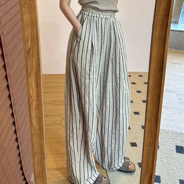 Wide High Plain Waist Leg Striped Pants