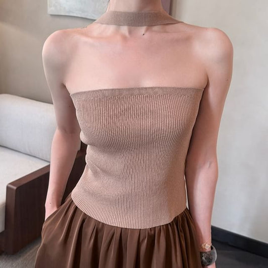Wholesale Sample Halter Neck Plain Ribbed Knit Top
