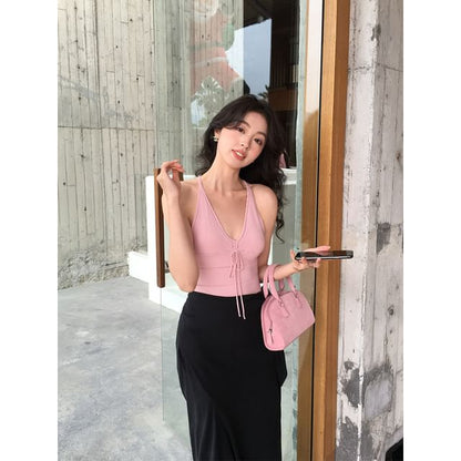 Strap Neck Spaghetti Tie Camisole Plain Top V-Neck