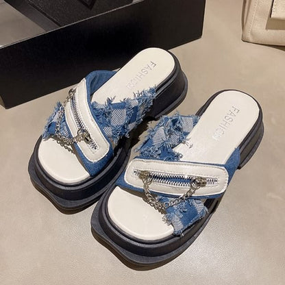 Sandals Zipped Heel Slide Platform Chain Cross Strap Chunky Detail