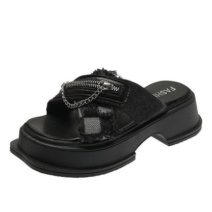 Sandals Zipped Heel Slide Platform Chain Cross Strap Chunky Detail